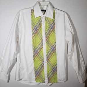 Positano White Yellow Plaid Pleated Shirt L Button LS Tuxedo Slim Cut